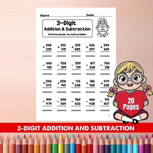 Valentine 3-Digit Addition & Subtraction With Regrouping Worksheets ...