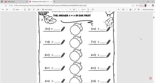 Thanksgiving Math Addition Comparison Worksheet (60 Problems)