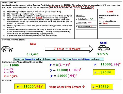 Preview of Math 1 Unit 4 Lesson 10 Exponential Growth/Decay Fct Word Problem Video & Wrksht