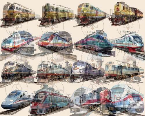 Watercolor Train Clipart, 100 Designs (50 PNG + 50 JPEG), 300 DPI, 10