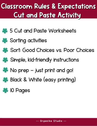 Classroom Rules Cut and Paste Activities | Behavior Sorting Worksheets