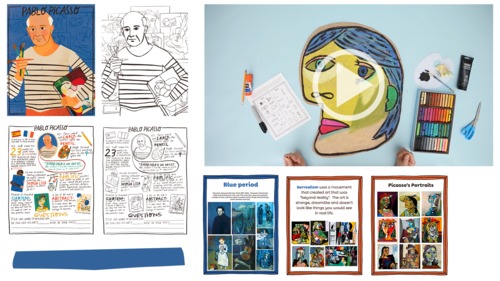 Preview of Pablo Picasso Advanced Art Craft Lesson, Cute Fact Sheet, Printables, More!