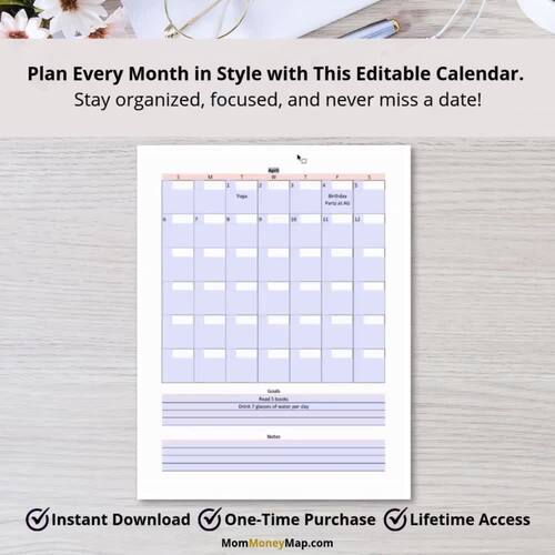 Monthly Digital Calendar Printable Color PDF by Mom Money Map | TPT