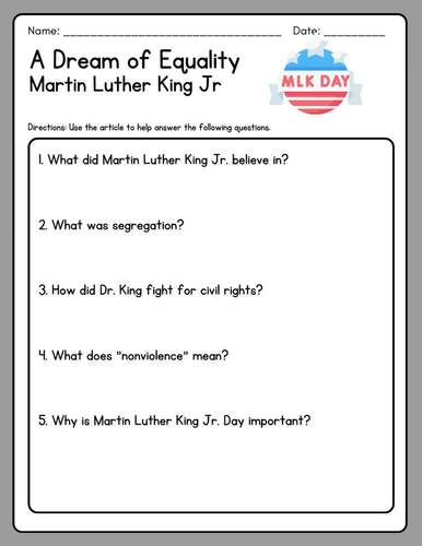 MLK Day Reading & Writing | Martin Luther King Comprehension, Coloring ...