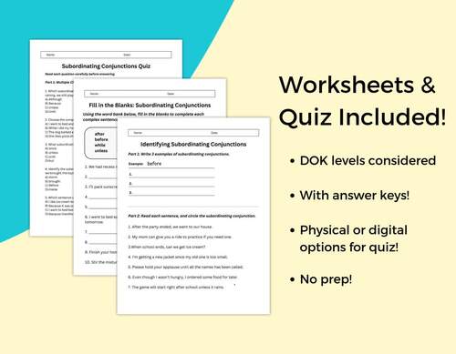 Subordinating Conjunctions Slides & Worksheets by Gentler Education