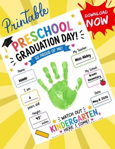 Last Day of Preschool Grad Handprint Craft Printable Kids Graduation ...