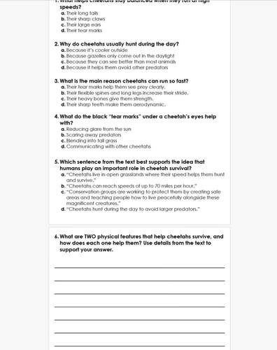 Cheetah Informational Text (4th–5th Grade) Reading Comprehension & Writing