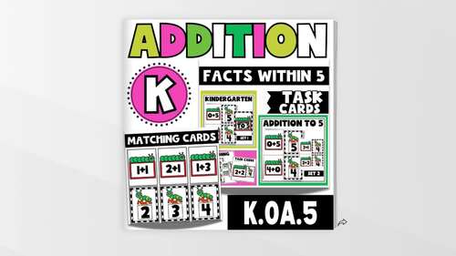 Kindergarten Addition Within 5 Math Center Task Cards | Caterpillar