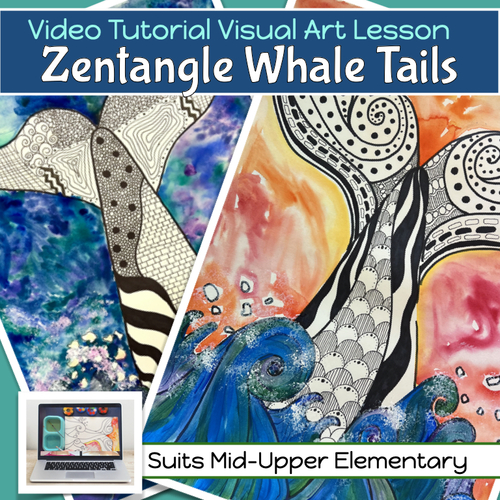 Preview of Earth Day WHALE TAIL Art Project Pattern lesson with VIDEO GUIDE 4th - 7th grade