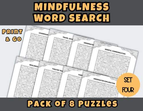 SEL Mindfulness Word Search Printable Activities Stress Relief Puzzle Set 4