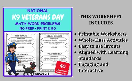 National K9 Veterans Day Math Word Problems | 40 Problems | Grades 2–8